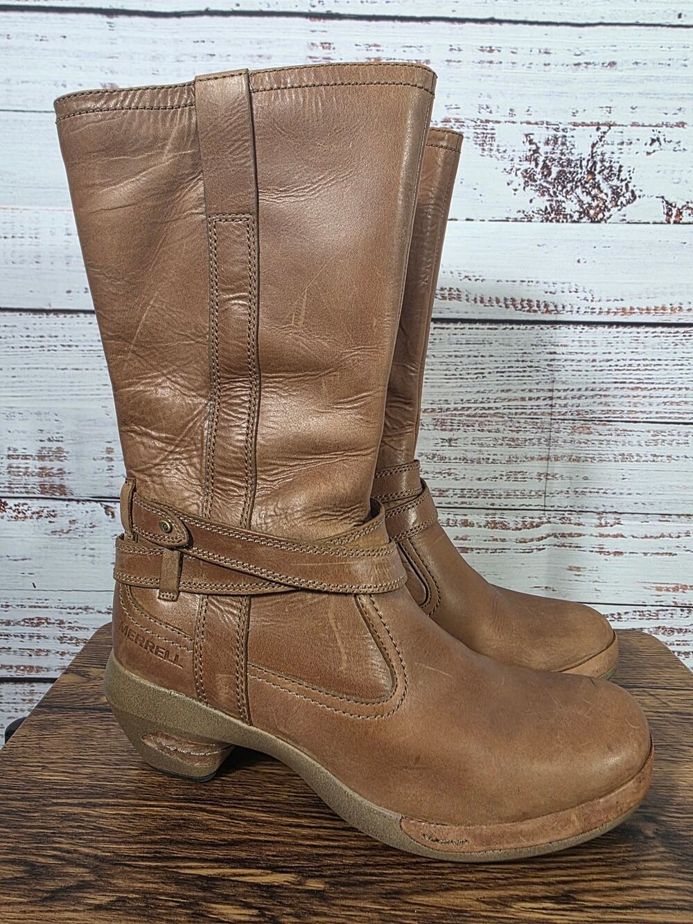 Merrell women's Brown Leather Mid-calf Boots size 7.5 Side Zip Comfort Heel